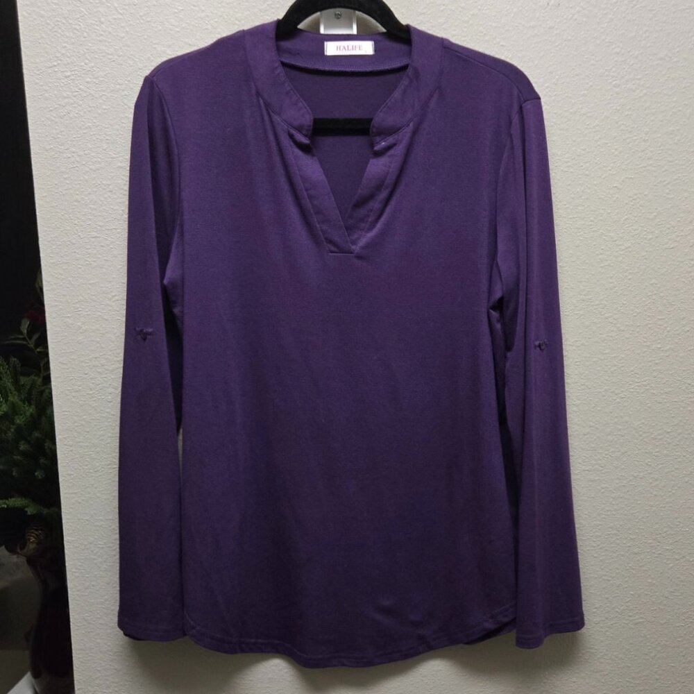 EUC Halife Women's Roll Up 3/4 Sleeve V Neck Tunic Blouses Tops Shirt Size Lg